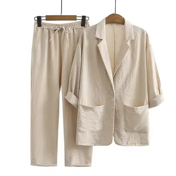2 шт., женский весенне-осенний повседневный наряд с отворотом, рукав 3/4, Блейзер на одной пуговице, пальто, эластичный пояс, широкие длинные брюки, комплект