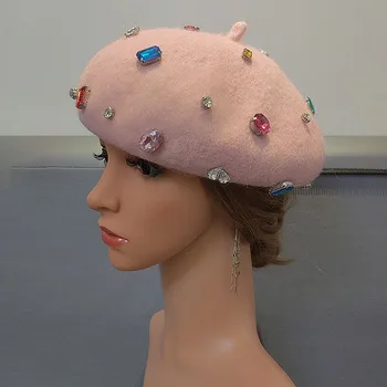 202212-shi шикарный зимний дизайн дропшиппинга, разноцветный горный хрусталь, розовая шерстяная фетровая женская шляпа-берет, женская шляпа художника