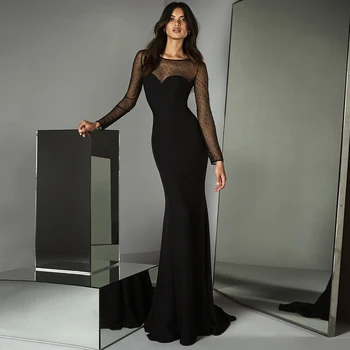 2023 В продаже Элегантные Черные Платья для матери невесты в стиле Русалки с иллюзией драгоценного камня на шее и длинными рукавами, Свадебное платье для гостей для женщин