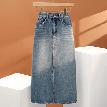 2023, Новая весенне-осенняя стильная джинсовая юбка с высокой талией для женщин, Одежда Большого размера, Тонкие Джинсовые юбки с разрезом Трапециевидной формы AC622