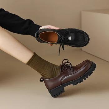 2023, новые весенние женские туфли-лодочки, большие размеры 22-26,5 см, длина, верх из микрофибры, круглый носок, металлическая женская обувь, лоферы на шнуровке, толстый каблук