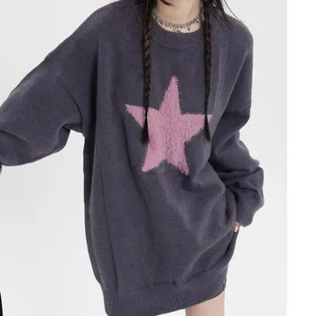 Deeptown, Винтажный серый свитер, Женская мода Harajuku, Звездный Вязаный Женский Джемпер, Опрятный Трикотаж, Пуловер в корейском стиле, Эстетичный