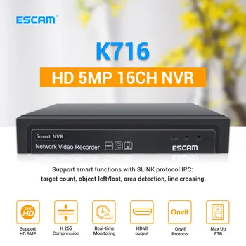 ESCAM K716 16CH 5MP NVR H.265 ONVIF 4K NVR DVR Видеомагнитофон IP Камера Видеонаблюдения Поддержка Системы Видеонаблюдения 8 ТБ