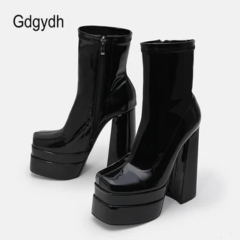 Gdgydh/ Женские ботинки на массивном каблуке с боковой молнией, из лакированной кожи, с квадратным носком, на широкой стопе, до середины икры, Вечерние ботинки ярких цветов