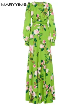 MARYYIMEI/ Весенне-летнее Модное женское платье с длинными рукавами и зеленым принтом, праздничные Длинные Вечерние платья