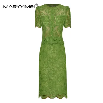 MARYYIMEI/ Модный дизайнерский летний юбочный костюм, Женский однобортный топ с короткими рукавами + комплект из кружевной юбки на бедрах, комплект из двух предметов
