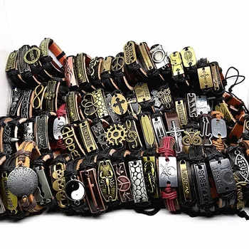 MIXMAX Оптовая продажа 100 шт. Кожаные браслеты-манжеты для мужчин Женщин Модные украшения из медного сплава Смешанных стилей С возможностью изменения размера Подарка для вечеринки