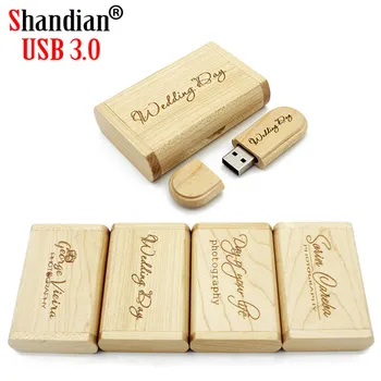 SHANDIAN USB 3,0 Деревянный usb + коробка флэш-накопитель 4 ГБ 8 ГБ 16 ГБ 32 ГБ 64 ГБ Флешка Подарки memory stick U Диск 1ШТ бесплатный пользовательский логотип