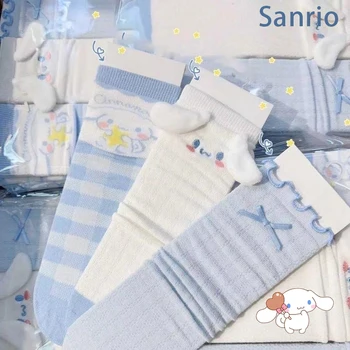 Sanrio Cinnamoroll Kawaii Тонкие Носки Детские Весенне-летние Светло-Голубые Носки в стиле Лолиты с Милым Рисунком из Мультфильма, Повседневные Трендовые Носки до середины икры