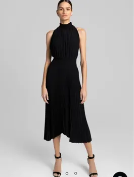 Verngo Скромное черное вечернее платье трапециевидной формы с высоким воротом, плиссированное Шифоновое Платье для выпускного вечера Длиной до Чая, платье для мамы для торжественных случаев