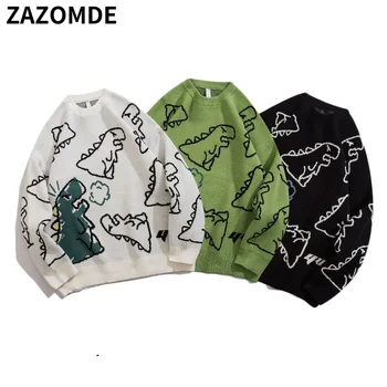 ZAZOMDE, мужской трикотажный свитер, пуловер с мультяшным динозавром, Японский Джемпер, Уличная одежда в стиле хип-хоп, Повседневный мягкий свитер с граффити большого размера