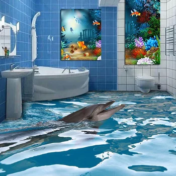 beibehang, 3D обои для пола, Океанский дельфин, роспись пола в ванной, Нескользящий утолщенный самоклеящийся ПВХ-пол