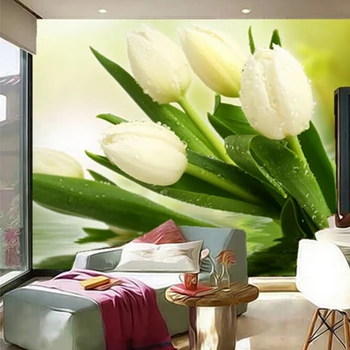 beibehang Пользовательские Фотообои, Фрески, 3D Современная гостиная, ТВ-фон, Декор стен, Спальня, Свежие Белые Тюльпаны, Настенные обои