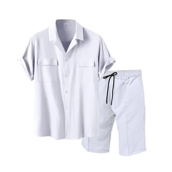 summer Männer Einfarbig kurzarm shirt shorts Anzug männer Baumwaller and leinen Japanese multi-pocket fabric shirt cargo shorts