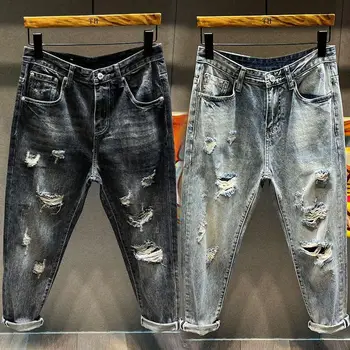 Американский стиль ретро, уличный модный нищий, летние тонкие укороченные джинсы-шаровары, мужские брюки свободного кроя, рваные джинсы для мужчин