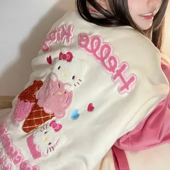 Аниме Sanrio/Куртка Hello Kitty Y2k с Мультяшной Вышивкой, Модная Свободная Бейсбольная Куртка, Осень-Зима, Повседневные Теплые Топы Для девочек, Подарок