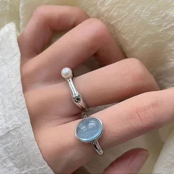 Большие Регулируемые серебряные кольца для женщин, синий CZ, Узкие Простые минималистичные открытые Регулируемые кольца для пальцев, Модная женская бижутерия
