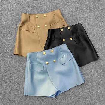 Весенние женские шорты из натуральной кожи высокого качества 2021 года, шикарная двубортная кожаная брючная юбка C555