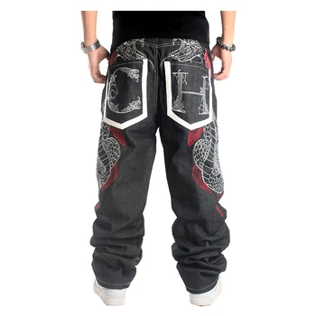 Джинсы в стиле хип-хоп, уличная одежда, мужские большие размеры, свободные мешковатые джинсовые брюки со змеиной вышивкой, прямые длинные брюки для мужчин