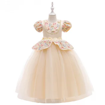 Длинное Детское платье Принцессы с жемчугом и бисером, Летнее Платье с пышными рукавами для девочек в цветочек, Сетчатые платья с цветочной вышивкой, Бальное платье для Свадебной вечеринки