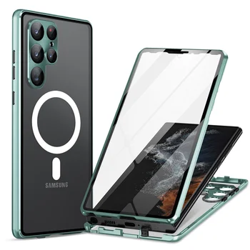 Для Samsung Galaxy S23, S21, S22, Ультра магнитный чехол Magsafe 360 Full Screensaver HD, стекло, металлический сплав, матовая защитная крышка