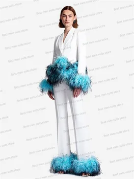 Женский брючный костюм с пышными страусиными перьями, комплект из 2 предметов, Блейзер + брюки, роскошная куртка для гостей, свадебное платье для выпускного вечера, сшитое на заказ