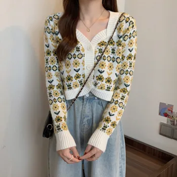 Женский короткий вязаный кардиган в стиле ретро с цветочным рисунком, весенне-осенний жаккардовый свитер с квадратным вырезом и длинным рукавом в корейском стиле, куртка, дизайнерский топ