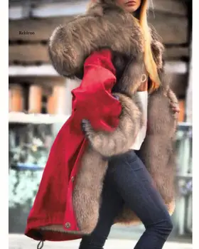 Женское Пальто из искусственного Меха, Осень-Зима, Модная Свободная Утепленная Однобортная Куртка С капюшоном и Длинными Рукавами
