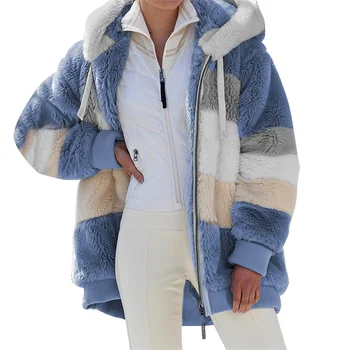 Зимнее женское пальто, Модная Повседневная Женская одежда в клетку с отстрочкой, Женское пальто на молнии с капюшоном, Плюшевая женская куртка 2022, Новинка