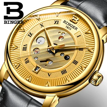 Известные Брендовые часы BINGER Автоматические Часы Мужские Роскошные Брендовые Золотые механические Наручные Часы Кожаные Часы Starp Рождественский подарок