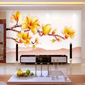 Изготовленный на заказ самоклеящийся 3D Водонепроницаемый Новый Китайский стиль, Яркий мерцающий пейзаж, Цветок магнолии, Настенная роспись на задней стене, украшение из Папье-маше