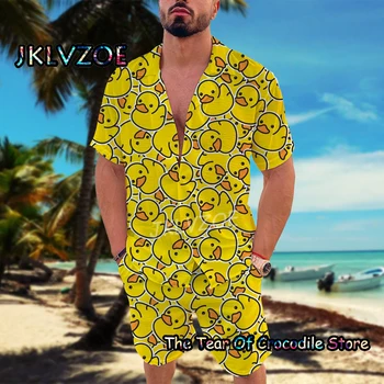 Комплект мужской рубашки с Мультяшной уткой, Повседневный костюм с коротким рукавом, дизайн с принтом, Гавайская летняя футболка высшего качества, одежда Оверсайз