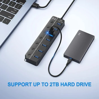 Концентратор USB 3,0, 7 Портов, USB-концентратор Для Ноутбука С Индивидуальным переключателем включения/выключения и светодиодным индикатором, Ультратонкий для Портативных ПК, Черный