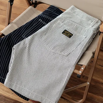 Летние Джинсовые шорты в американскую ретро-полоску, мужские Модные 100% Хлопок, Выстиранные Старые Прямые Повседневные брюки с пятью точками