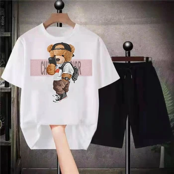 Летняя брендовая мужская футболка + шорты, обычный костюм, комплект с коротким рукавом, Роскошный хлопковый формальный повседневный комплект с принтом медведя, Мужская спортивная одежда