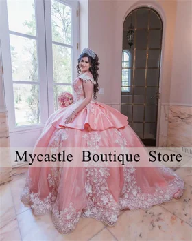Мексиканские Розовые Пышные платья 2023, Кружевная аппликация из бисера, Длинное атласное Бальное платье Sweet 16, Платье для выпускного вечера, Vestidos de xv Anos