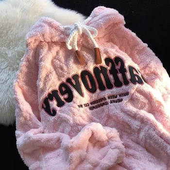 Милая и Нежная вышивка букв Плюс Бархатный Толстый свитер из овечьей шерсти, Женская Осенне-зимняя Свободная толстовка с капюшоном в стиле Ретро, 2021