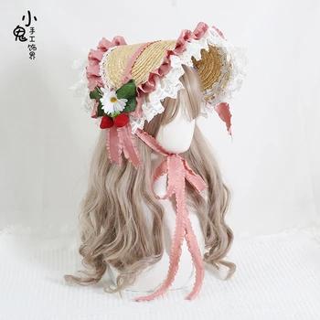 Милая шляпа-капот с цветочной лентой в стиле Лолиты, Японская женская пасторальная соломенная шляпа на плоской подошве для девочек