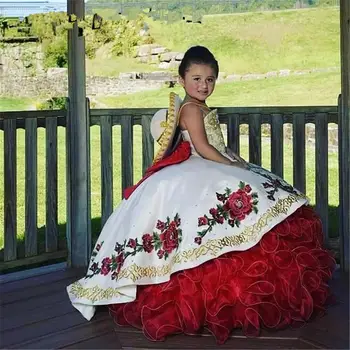 Мини-Пышные Платья Charro, Бальное Платье Charro, Аппликации Из Органзы, Платья с цветочным Узором Для Девочек, Свадебные Мексиканские Праздничные Платья, Детские