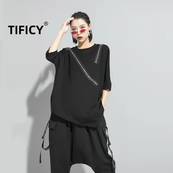 Модная летняя женская новая футболка в темном стиле, облегающая верхняя одежда с сращиванием, Нерегулярные топы с длинными рукавами