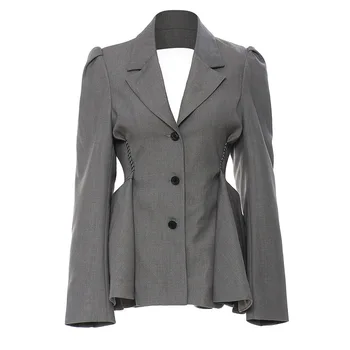 Модный Серый Летний Блейзер Нового дизайна Для женщин 2023, Жакет с оборками и открытой спиной, Шикарная Офисная женская куртка для официальных мероприятий, пальто