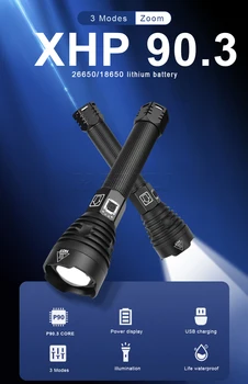 Мощные светодиодные фонари XHP 90,3 XHP 70,2, супер яркие вспышки, USB Перезаряжаемый Зум, Тактический фонарь, Походная Поисковая лампа