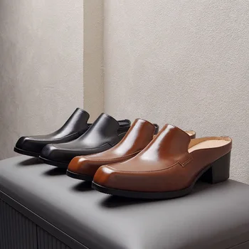 Мужские кожаные полуботинки на высоком каблуке 5 см, Тапочки из натуральной кожи Роскошного качества, Летние новые дизайнерские деловые сандалии 2023 года