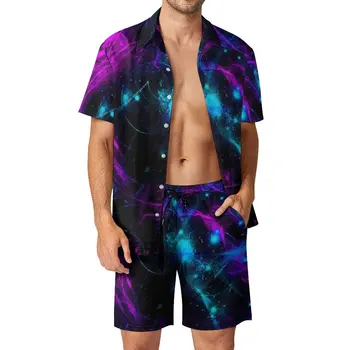 Мужские комплекты Neon Galaxy, фиолетовая и синяя Повседневная рубашка, Шорты для отдыха на Гавайях, Летний графический костюм из двух предметов, Одежда большого размера