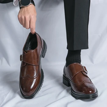 Мужские лоферы, обувь с круглым носком и ремешком с пряжкой, черно-коричневая деловая обувь для мужчин, размер 38-46, модельные туфли для мужчин