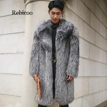 Мужское теплое плюс Утолщающее длинное пальто, куртка из искусственного меха, мужская длинная шуба из лисьего меха, мужская шуба