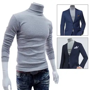 Новая модная мужская повседневная приталенная базовая водолазка, мужские вязаные топы, свитер с двойным воротником, осень-зима, высокий пуловер E0T0