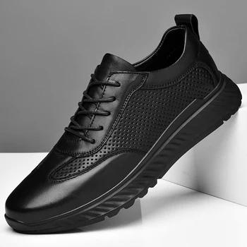 Новинка 2023 года; Мужская повседневная обувь; Кроссовки из натуральной кожи на шнуровке; Мужская Высококачественная Классическая черная обувь на плоской подошве; Мужская спортивная обувь для мужчин