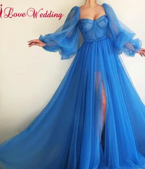 Новое Поступление, Вечерние платья Голубого Цвета, Длинные, сшитые на заказ, в Дубае, с длинными Расклешенными рукавами, Сексуальное Вечернее Платье