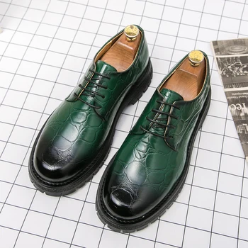 Новые Зеленые мужские туфли-дерби с круглым носком на шнуровке, черные, Коричневые Модные мужские модельные туфли, Бесплатная доставка, Размер 38-44